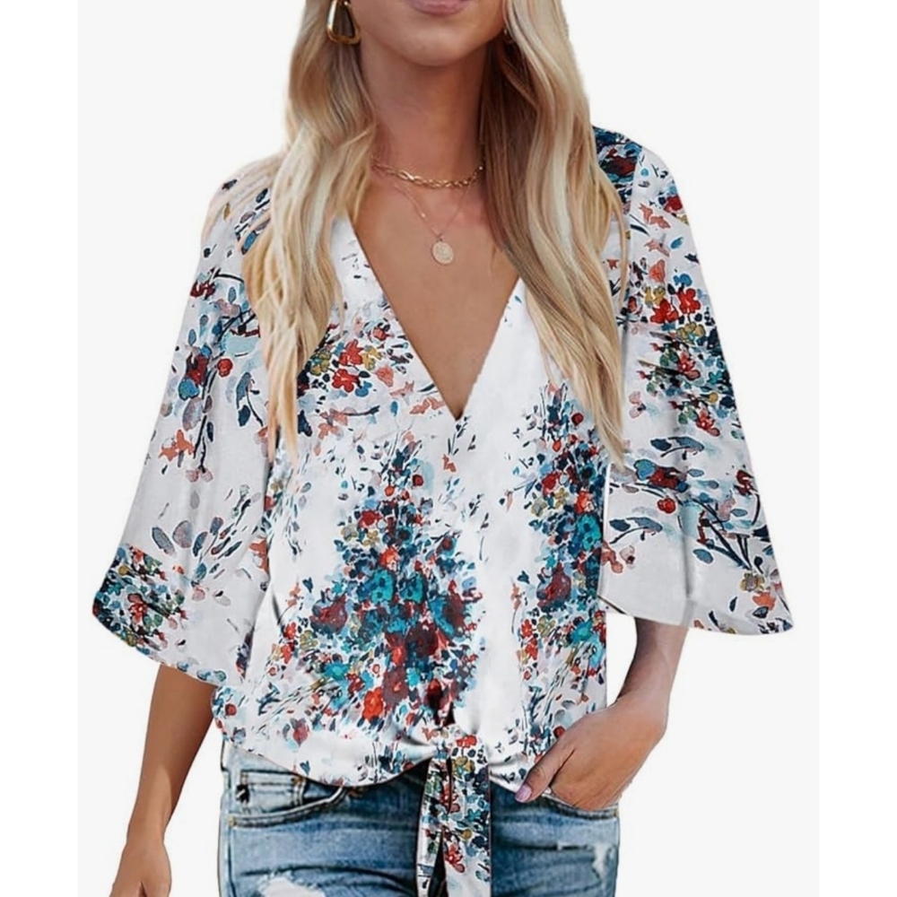 Bluetime Boho V-neck Tie Front Floral Blouse White Size M